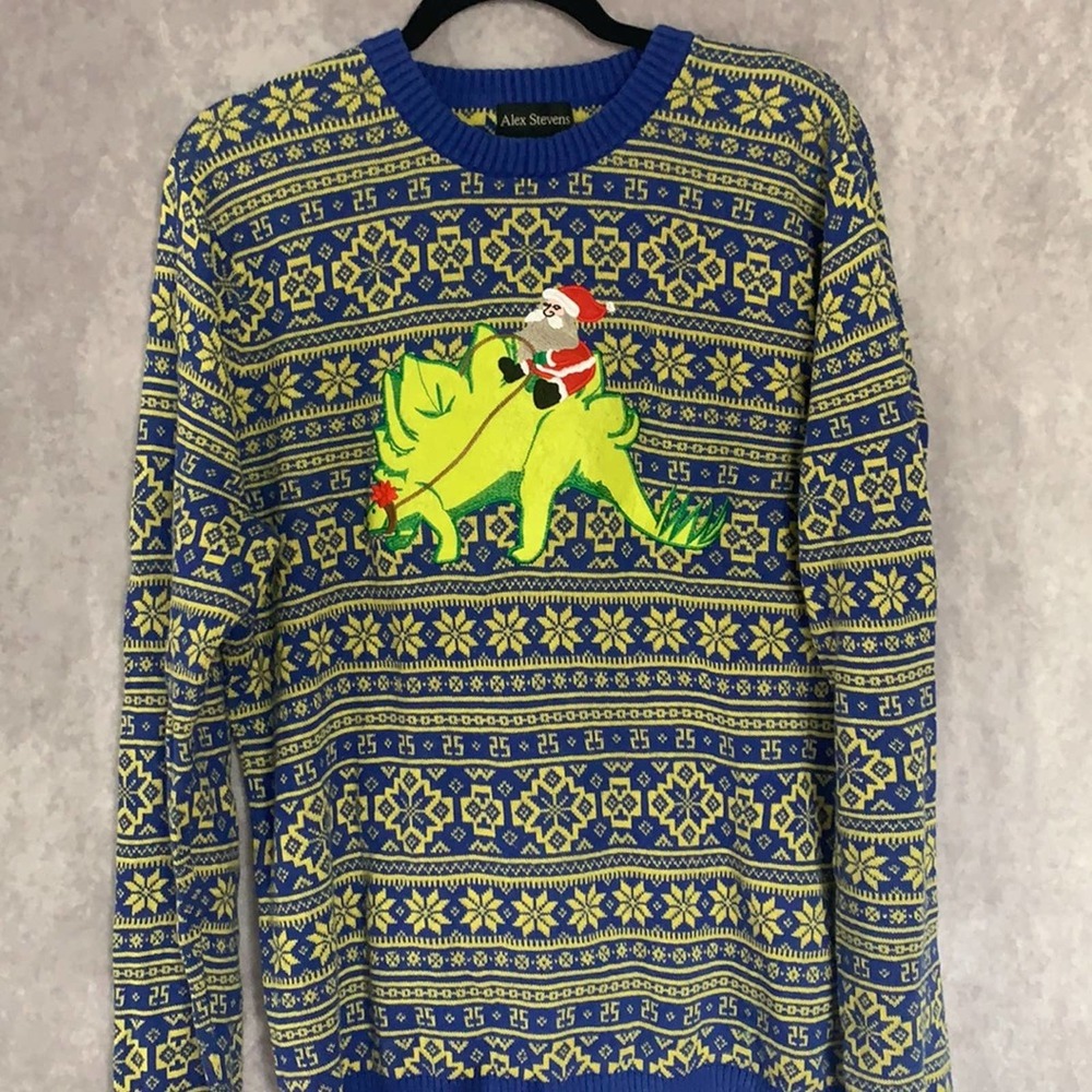 Alex Stevens | Men’s Blue & Green Christmas Sweater Santa Riding Dinosaur Large
